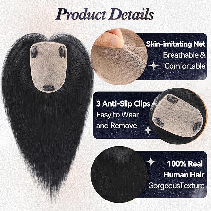 starluck Human Hair Toppers for Women Real Human Hair With Bangs 4 * 5.5 inch Base 12 inch SilkHug Hair Topper for Women Cover Grey Roots(Natural Black)