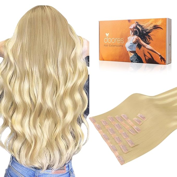 DOORES Seamless Clip-in Real Human Hair Extensions, Dirty Blonde Mixed Platinum Blonde, 110g 7pcs, 18 Inch Straight Hair, Invisi Edge
