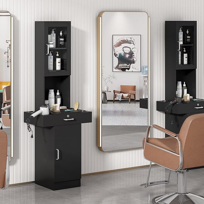Salon Station for Hair Stylist,Hair Styling Organizer Equipment with Glass Door,6 Tool Dryer Holders, 2 Storage Cabinet ，Beauty Spa Barber Equipment, Black