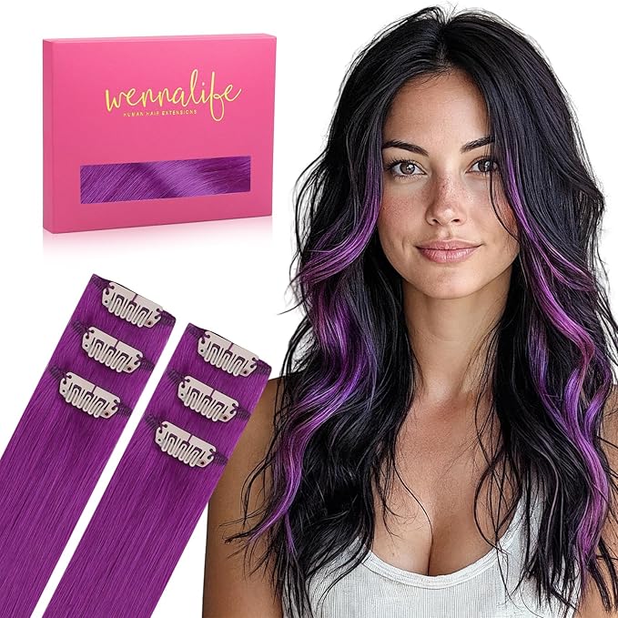 WENNALIFE Purple Clip in Hair Extensions Real Human Hair 35g 6pcs 16 Inch Colored Hair Extensions for Kids Women Colorful Hair Pieces Pop-up Style Straight Extensiones De Cabello Humano Con Clip