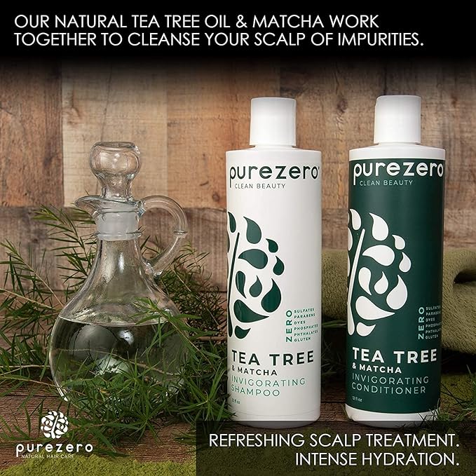 Purezero 20 oz Tea Tree & Matcha Shampoo and Conditioner Set - Nourishing & Invigorating Scalp Treatment - Zero Sulfates, Parabens, Dyes Vegan and Cruelty Free
