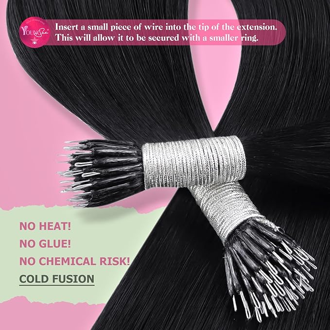 YoungSee Nano Beads Hair Extensions Jet Black 26inch Nano Ring Hair Extensions Human Hair Black Nanolink Hair Extension Cold Fusion Nano-Tip Hair Extension for Long Hair 50s 50g