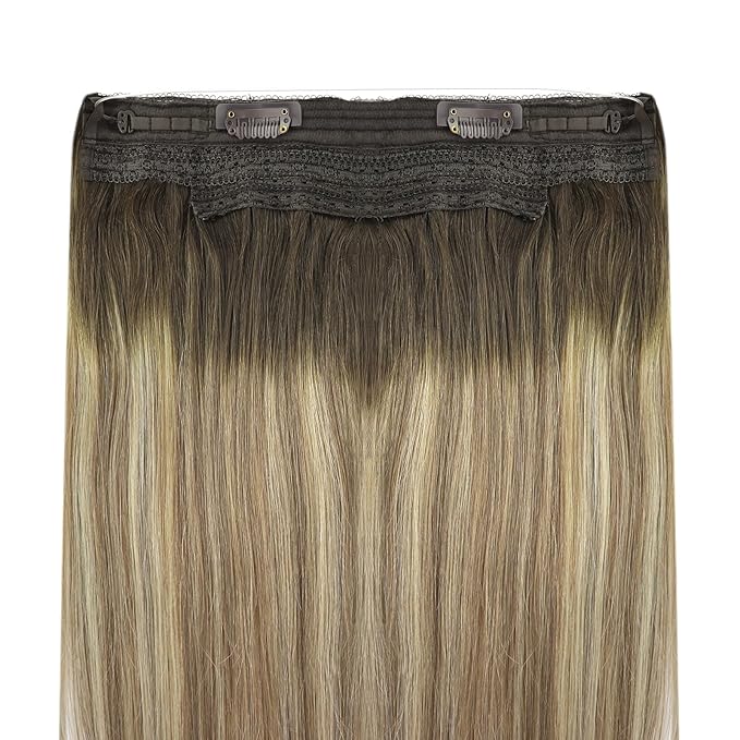 YoungSee Invisible Wire Hair Extensions Brown Balayage Human Hair Wire Extensions Walnut Brown Ombre Blonde Highlights One Piece Hair Extensions Heat-Stylable Straight Hair 16inch 80g