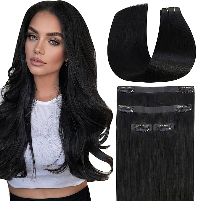 Full Shine Seamless Clip in Hair Extensions Human Hair, Color 2 Jet Black Thinning Hair Extensions Invisible Hair Extensions, Straight Remy Human Hair Fill Ins 16Inch 4PCS 65g