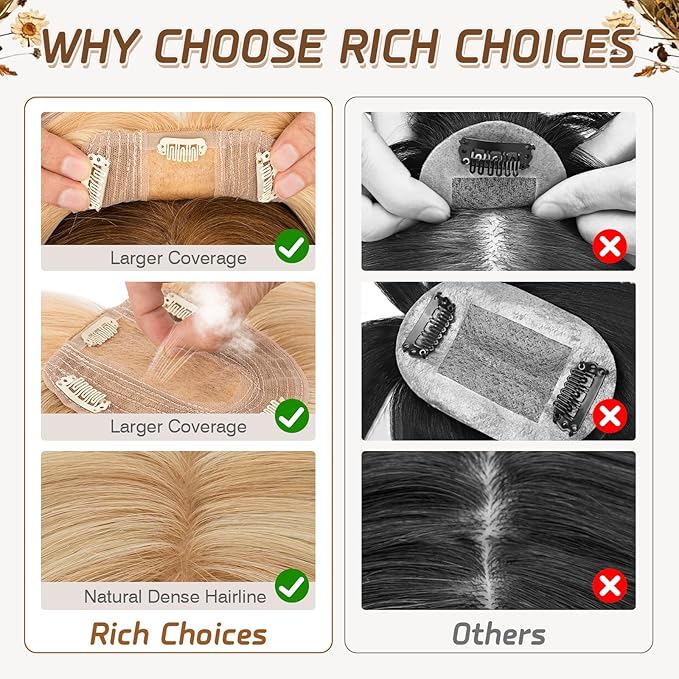 Rich Choices Real Human Hair Toppers for Women With Bang 100% Remy Human Hair Topper for Thinning Hair Clip in Silk Base Hair Topper 16 Inch #18P613 Ash Blonde Mix Bleach Blonde