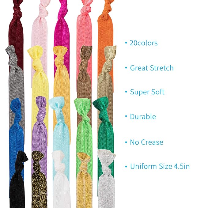 79STYLE 300pcs Elastic Hair Ties Ouchless No Crease Ouchless Ribbon Ponytail Holders Bulk Colorful Yoga Twist Hair Bands Hair Accessories Hand Knotted Fold Over Solid Colors (Multiple 20 Colors)