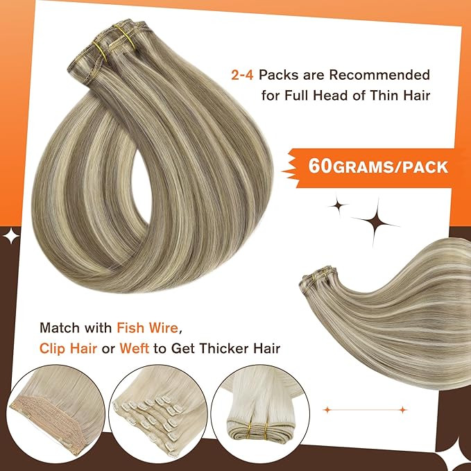 Full Shine Blonde Extensions Clip in 16 Inch Clip in Hair Extensions Real Human Hair Lace Weft Brown and Blonde Highlight Hair for Thin Hair 3 PCS 60 Grams