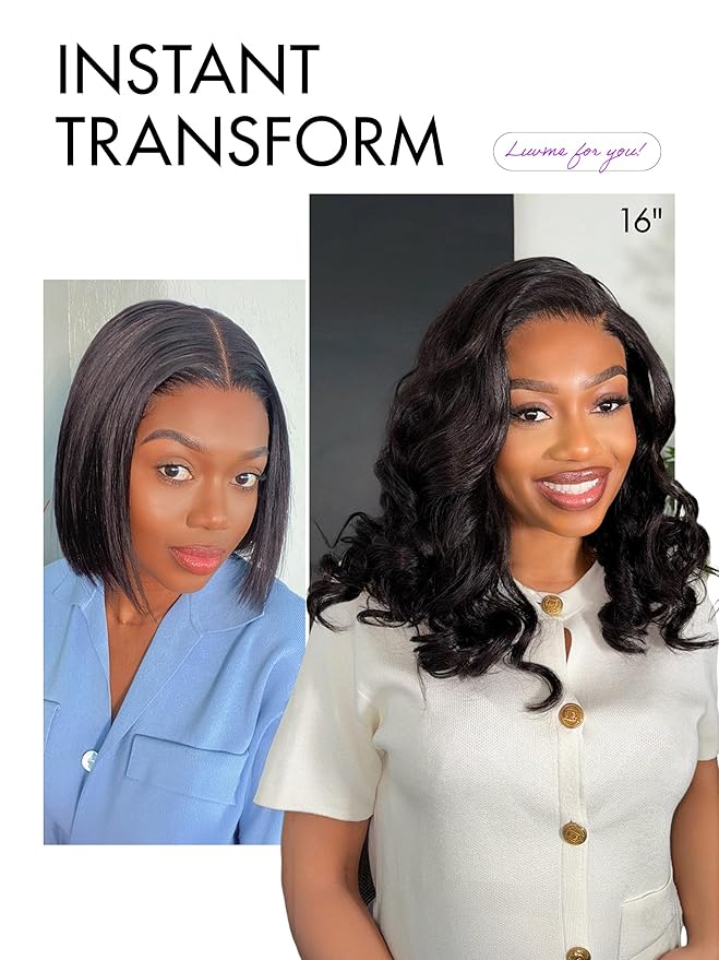 LUVME HAIR 100% Human Hair Wigs Loose Wave Glueless Lace Front 12 Inches, Pre Cut Plucked Hd Lace Short Wig Ready To Go Natural Color Straight Bleached Knots Side Part Black Wigs