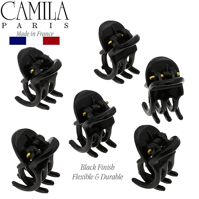 Camila Paris CP2392 French Hair Clip for Women, Set of 6 Extra Small Black, Girls Hair Claw Clip Jaw Fashion Durable Styling Hair Accessories for Women, Ladies Strong Hold Grip Clamp, Made in France