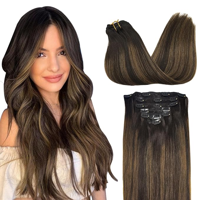 GOO GOO Clip in Hair Extensions Real Human Hair, Remy Human Hair Extensions Clip ins for Women, Natural Human Hair, 22inch 120g 7Pcs, 2/6/2 Balayage Dark Brown to Chestnut Brown