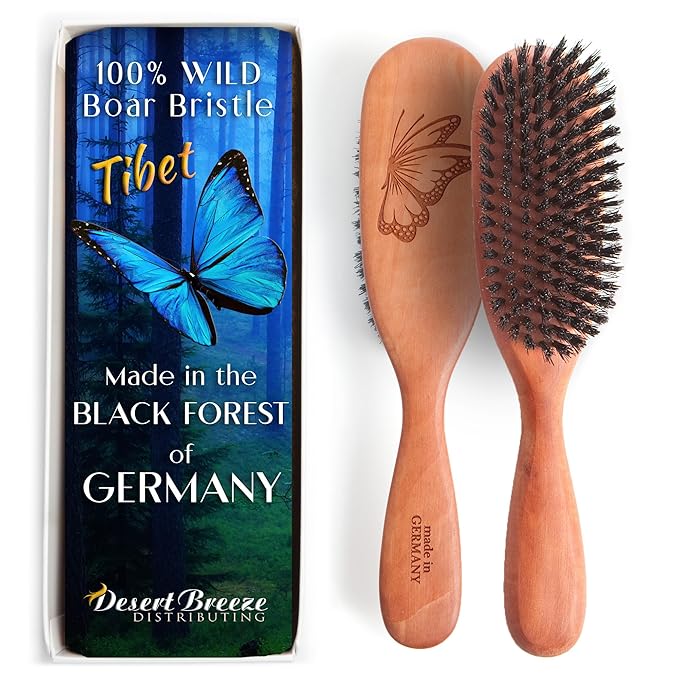 100% Wild Boar Bristle Hairbrush for Natural Healthy Hair, Medium Soft Tibet Bristles, Pear Wood Handle, Wooden Hair Brush for Fine or Thinning Hair, for Women & Men, Made in Germany's Black Forest