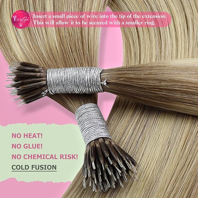 YoungSee Nano Extensions Human Hair Brown Nano Bead Hair Extensions Human Hair Light Brown with Platinum Blonde Ombre Nano-Ring Human Hair Extension Cold Fusion 16inch 50g/s for Graduations