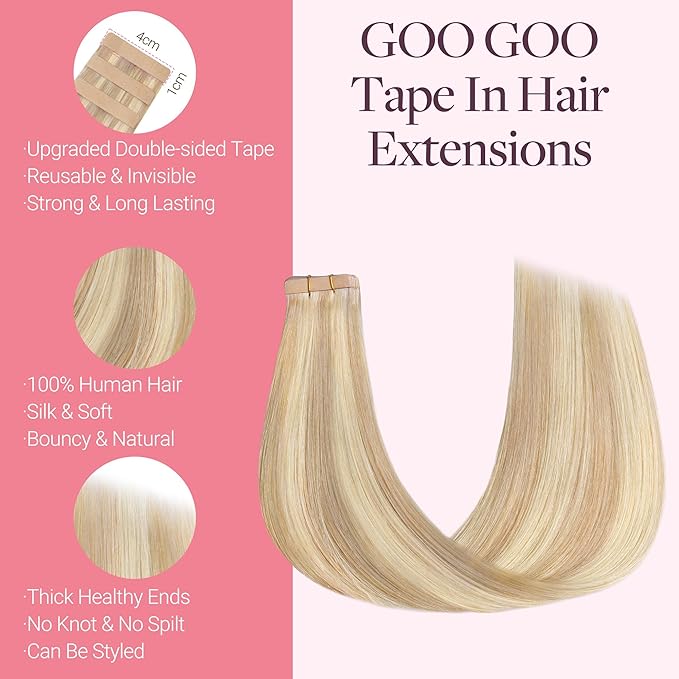 GOO GOO Tape in Hair Extensions Human Hair, 18F/60A Balayage Light Wheat Platinum Blonde, 24inch 50g 20pcs, Skin Weft Seamless Invisible, Silky Straight with Thick Ends, Remy Human Hair