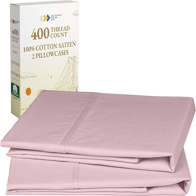 California Design Den Standard Queen Size Pillowcase Set - 400 Thread Count, 100% Cotton Sateen, Set of 2 Pillow Covers, Soft and Breathable - Pink