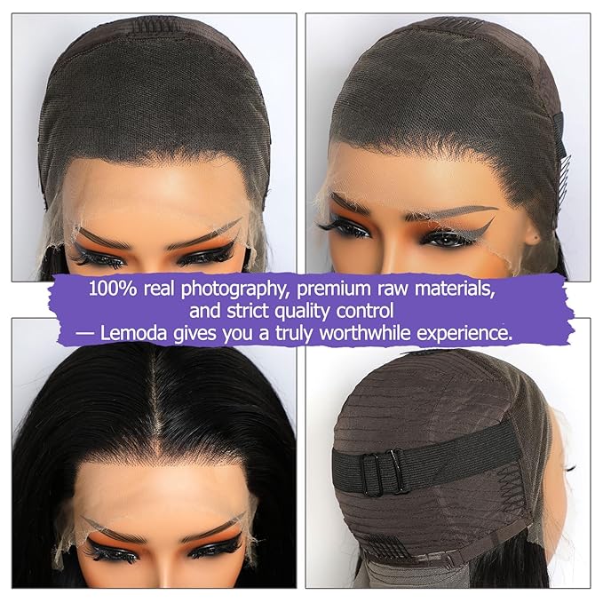 Lemoda Straight SKINLIKE Real HD 13x4 Full Lace Frontal Wigs 210% Density 15A Brazilian Straight Virgin Human Hair Lace Front Wig 24inch Invisible 0.1mm Ultra-thin Frayed Ends Tiny Knots