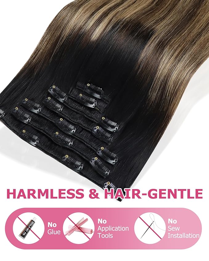 YoungSee Balayage Clip in Hair Extensions Black Ombre Clip ins Extensions Natural Black to Blonde with Brown Balayage Clip in Hair Extensions Real Human Hair Natural Hair for Women 22Inch 120G 7Pcs