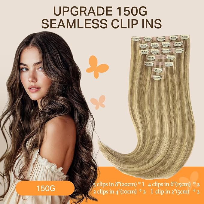 DOORES Seamless Clip in Hair Extensions, Light Blonde Highlighted Golden Blonde 130g 7pcs 18 Inch, Virgin Human Hair Clip in Extensions