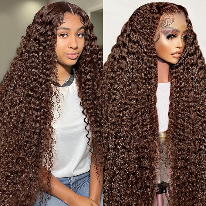 30 Inch Chocolate Brown Deep Wave Lace Front Wigs Human Hair 200 Density 13x6 HD Lace Frontal Wigs Curly Human Hair Brown Glueless Wig For Women Pre Plucked with Natural Hairline