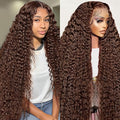 13x6 Deep Wave Lace Front Wigs Human Hair Chocolate Brown 200 Density HD Lace Front Wigs Human Hair Curly Wig Pre Plucked Human Hair Glueless Frontal Wigs with Baby Hair (34 Inch)