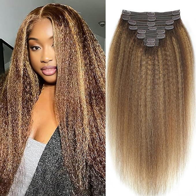 Kinky Straight Clip in Hair Extensions Real Human Highlight Clip ins For Women Unprocessed Clip on Hair Extensions(16inch,#4/27/4)