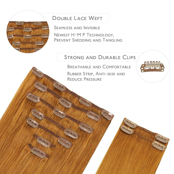 WENNALIFE Clip in Hair Extensions Real Human Hair, 14 Inch 150g 9pcs Human Hair Extensions Clip In, Auburn Ginger Hair Extensions Clip In Real Hair Coloured Remy Human Hair Extensions