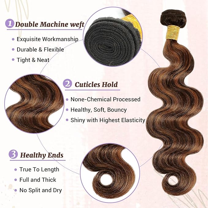 P1B/30 Body Wave Bundles Human Hair Highlight Brown Color Body Wave Bundle 100% Real Human Hair And True To Length 22 24 26 Inch 3 Pcs/Pack