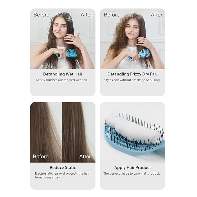 NuWay 4HAIR DoubleC U.S. Patented Double Curved Detangling Brush is Hair Dryer Safe (Sky Blue)