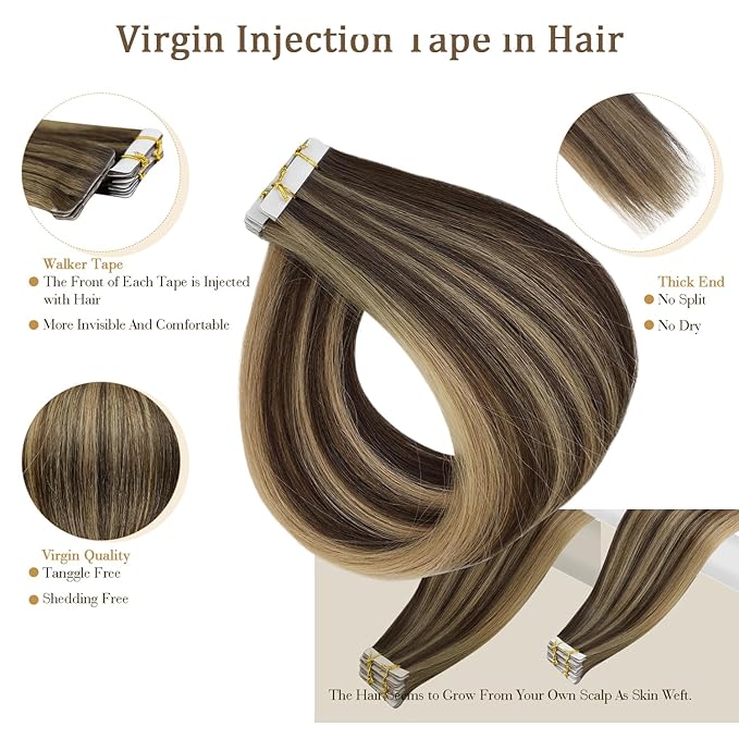 Full Shine Injection Virgin Tape in Hair Extensions Color BM Tape ins Human Hair Extensions Invisible Real Human Hair 20Inch Double Sided Brazilian Natural Straight Hair for Women 12.5G 5Pcs