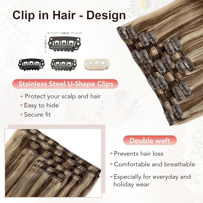 XDhair Clip In Hair Extensions Human Hair 22 Inch Medium Brown #4 Mixed to Caramel Blonde #27 Clip In Extensions Real Human Hair Thick Ends Straight 120g 6pcs (#4/27,22Inch)