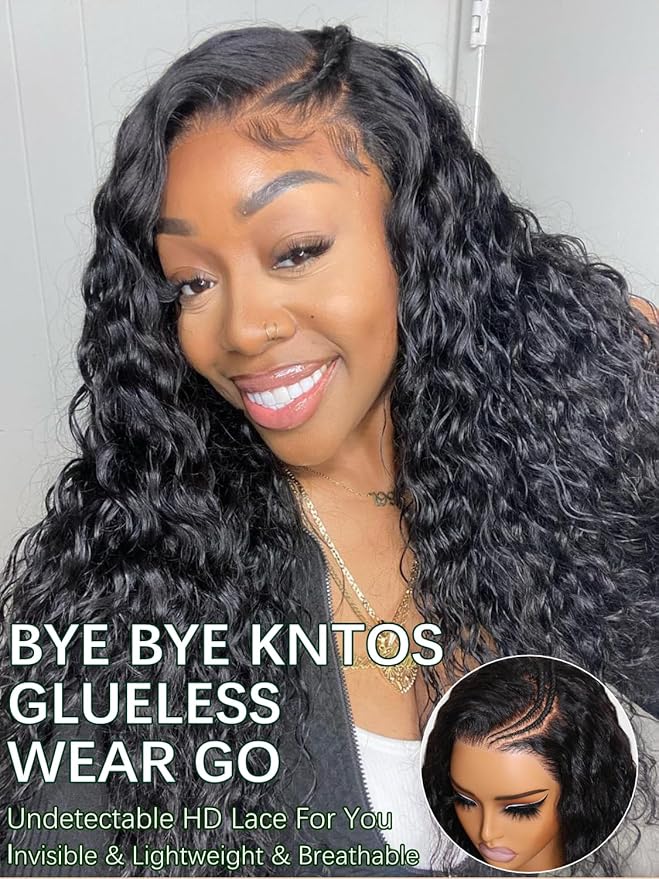 KLAIYI Water Wave Bye Bye Knots Glueless Wig Human Hair 7x5Precut Lace Front Pre Plucked Bleached Wear and Go Wig with Curly Baby Hair Drawstring 3S Ready to Go Pre Everything Beginner Friendly 26Inch