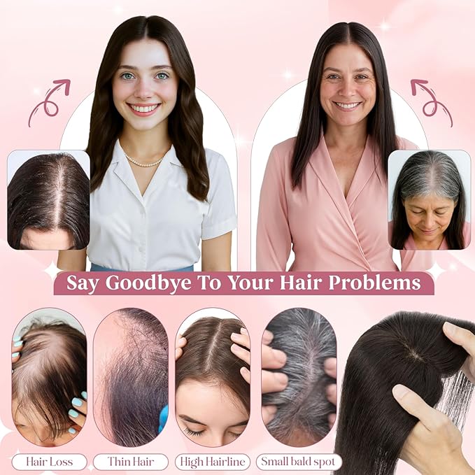 Real Human Hair Toppers for Women 3.54"*4.72" Silky Base 150% Density No Bangs Adjustable Parting Clip-In Topper Hairpieces for Women with Thinning Hair 10 Inches Medium Brown
