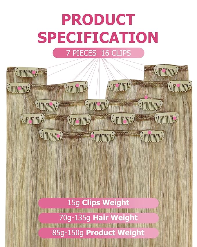 YoungSee Blonde Clip in Hair Extensions Highlights Human Hair Clip in Extensions Light Blonde Highlights Golden Blond Hair Extension Clip ins Easy to Install 7Pcs 120G 14inch