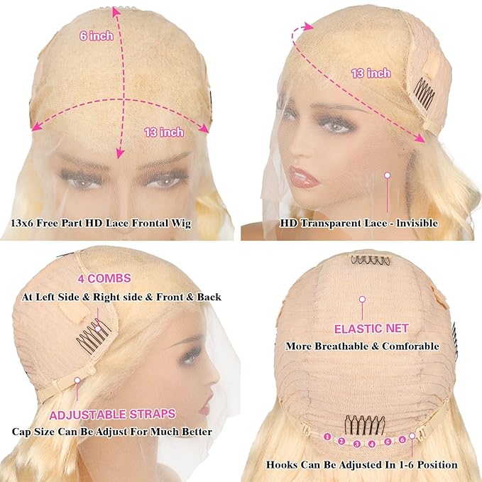 613 Lace Front Wigs Human Hair 200 Density 13x6 HD Transparent Lace Full & Thick Body Wave 22 Inch Blonde Wig Glueless Colored Pre Plucked with Baby Hair