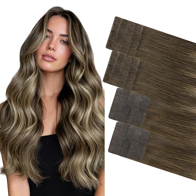 GOO GOO Invisi Edge Tape in Hair Extensions Human Hair, 4/26/4 Balayage Chocolate Brown to Honey Blonde 10pcs injected with 10pcs classical tape ins, 22inch 50g, Virgin Remy Hair, Natural Look