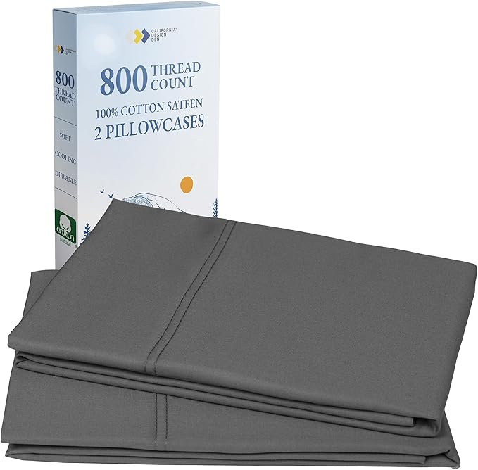 California Design Den Heirloom Soft, Smooth & Thick Certified 800 Thread Count 100% Cotton Sateen, 2 Pillow Cases Standard Size Fits Standard & Queen Size Pillows (Grey)