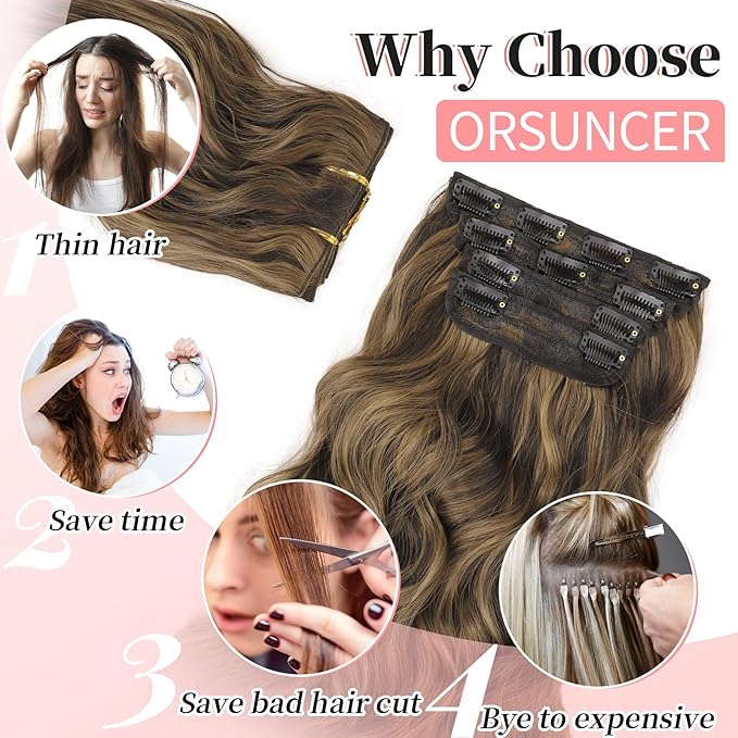 KooKaStyle Clip in Synthetic Hair Extensions Long Wavy 4PCS Thick Hairpieces Balayage Chocolate Brown to Caramel Blonde 10H26 Fiber Double Weft Natural Hair Extensions 24 Inch for Women