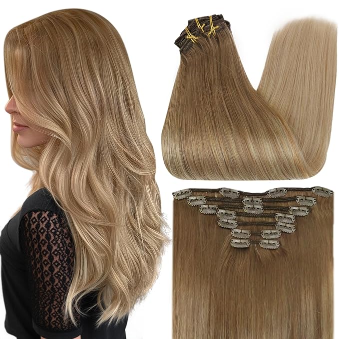 Full Shine Balayage Clip in Hair Extensions Human Hair Blonde Clip in Extensions Human Hair Light Brown to Blonde Remy Clip Hair Double Weft 7 Pcs 12 Inch