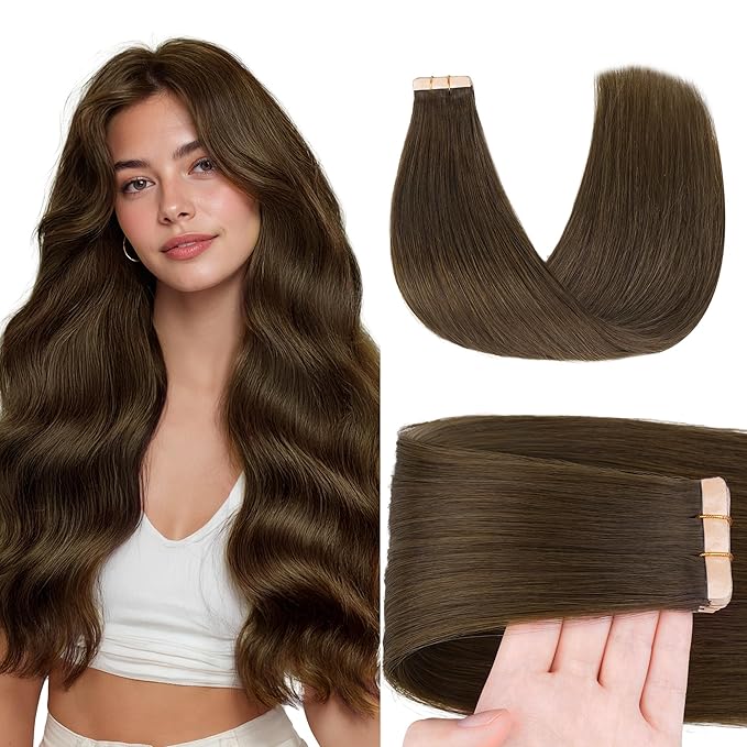 GOO GOO Tape in Hair Extensions Human Hair, #4H Light Chocolate Brown, 22inch 50g 20pcs, Skin Weft Seamless Invisible, Silky Straight with Thick Ends, Remy Human Hair