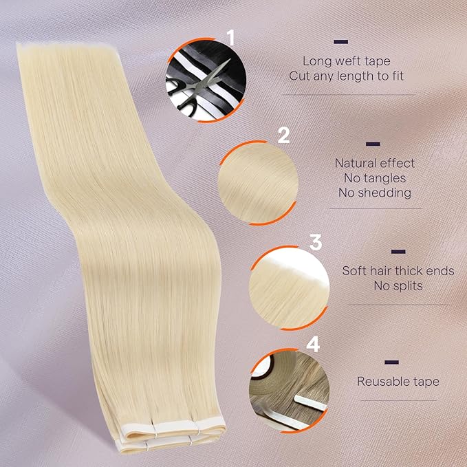 Full Shine Human Hair Tape in Extensions Color Blonde Tape in Weft Hair Extensions 24Inch Seamless Double Weft Hair Extensions for Women Easy Application Travel Friendly Styling One Piece 50G