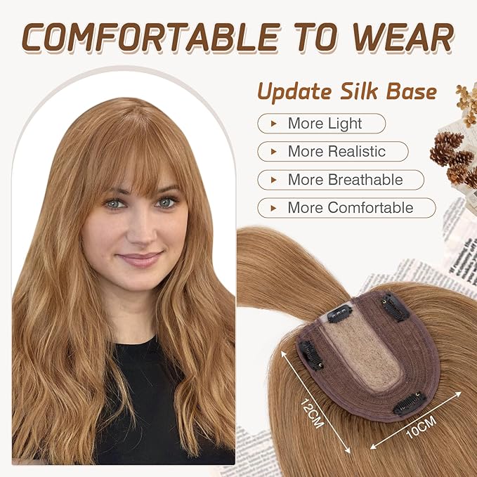 Rich Choices Real Human Hair Toppers for Women With Bang 100% Remy Human Hair Topper for Thinning Hair Clip in Silk Base Hair Topper 12 Inch #6 Light Brown