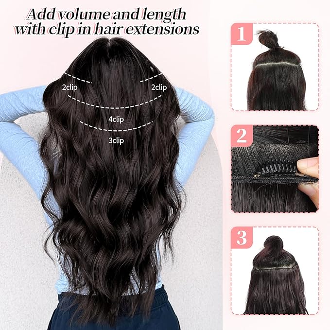 KooKaStyle Clip in Synthetic Hair Extensions Long Wavy 4PCS Thick Hairpieces Grey Sliver Mixed Fiber Double Weft Natural Hair Extensions 24 Inch for Women
