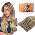 DOORES Clip in Hair Extensions Balayage Medium Copper to Sandy Blonde 120g 7pcs 16 Inch, Real Human Hair Extensions Clip in Straight Natural Remy Weft