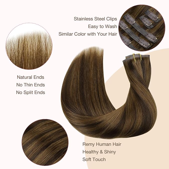 GOO GOO Clip in Hair Extensions Real Human Hair, Remy Human Hair Extensions Clip ins for Women, Natural Human Hair, 24inch 120g 7Pcs, 2C/4E/6C Brown Sugar Swirl Highlights