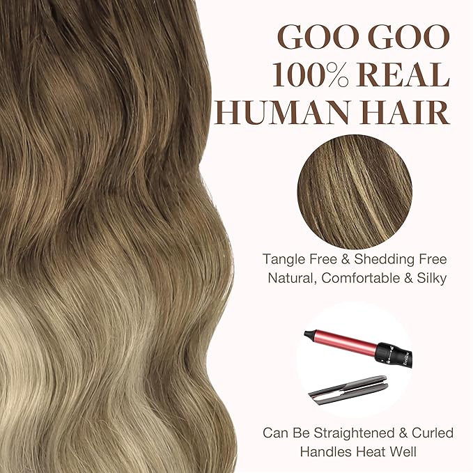 GOO GOO Tape in Hair Extensions Human Hair, 4/18 Balayage Chocolate Brown Highlighted Dirty Blonde, 16inch 100g 40pcs, Skin Weft Seamless Invisible, Silky Straight with Thick Ends, Remy Human Hair
