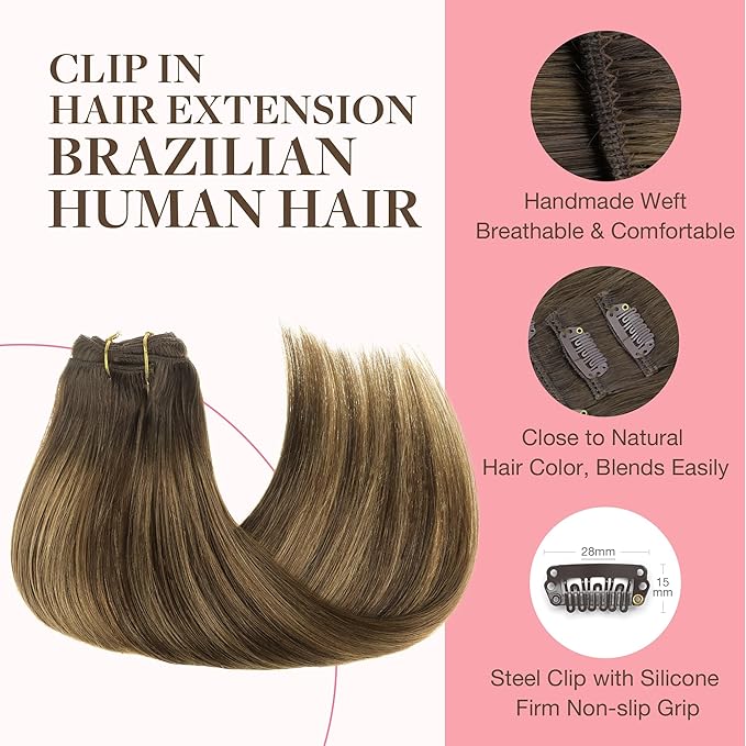 GOO GOO Clip in Hair Extensions Real Human Hair, Remy Human Hair Extensions Clip ins for Women, Natural Human Hair, 14inch 120g 7Pcs, 4D/14/5B Brunette Balayage
