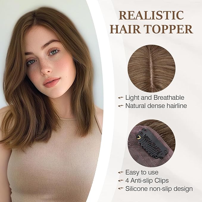 Rich Choices Hair Toppers for Women Real Human Hair 100% Human Remy Toppers NO Bangs for Women with Thinning on Top Clip in Hairpiece 4"x4.7"Lace Base 10 Inch #4R Natural Brown