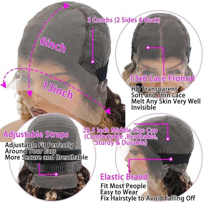210% Density 13x6 Ombre Blond Lace Front Wig 4/27 Highlight Deep Wave Lace Front Wigs Human Hair Pre Plucked with Baby Hair Deep Curly Glueless Wigs for Women 24 Inch