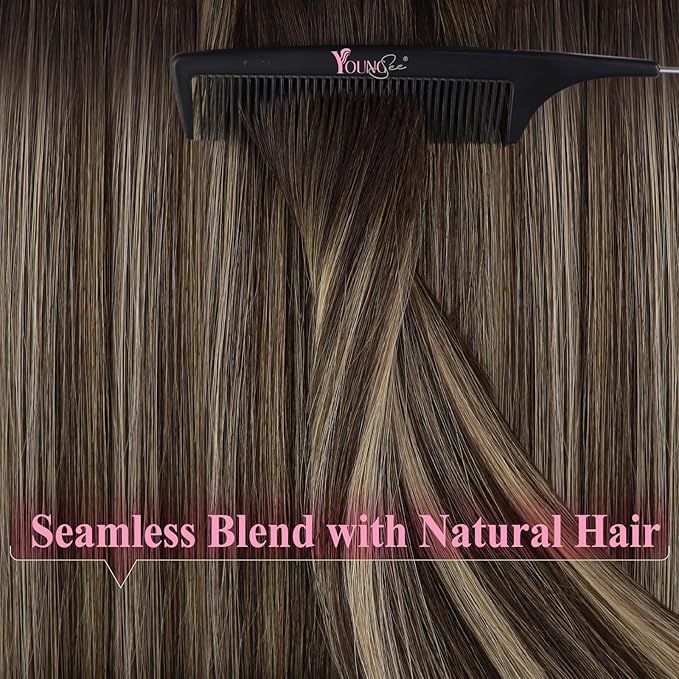 YoungSee Human Hair Tape in Extensions Brown Balayage Tape in Hair Extensions Dark Brown Ombre Blonde Seamless Tape-in Hair Extension Human Hair 22In Straight Hair Extension Long 20pcs 50g