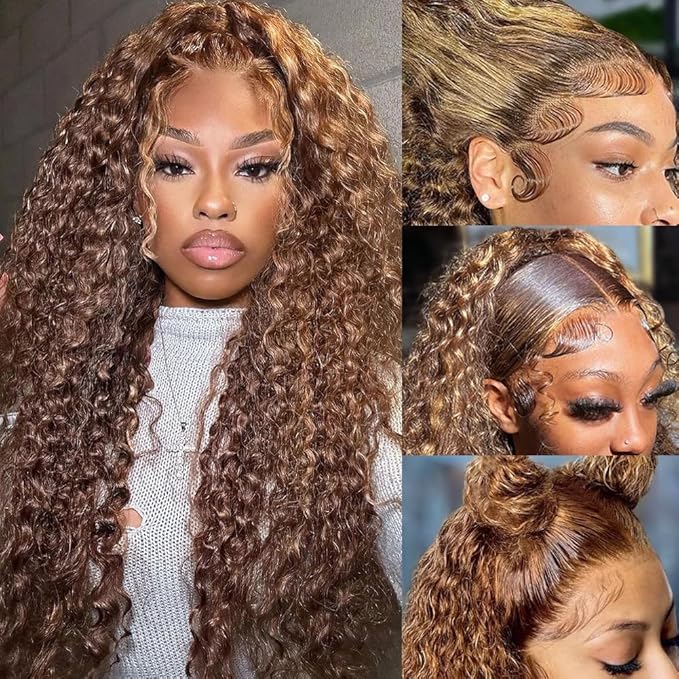 bangjazz 13x4 Deep Wave Lace Front Wigs Human Hair Highlight Ombre 13x4 HD Transparent Lace Frontal Wigs Human Hair 180% Density P4/27 Colored Glueless Curly Wigs for Black Women 16 Inch
