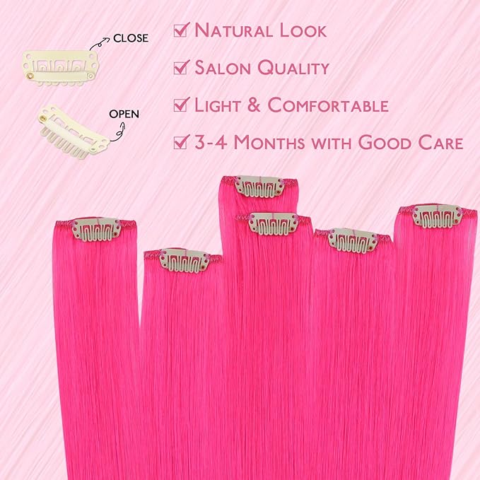 WENNALIFE Hot Pink Clip in Hair Extensions Real Human Hair 35g 6pcs 18 Inch Colored Hair Extensions for Kids Women Colorful Hair Pieces Pop-up Style Straight Extensiones De Cabello Humano Con Clip